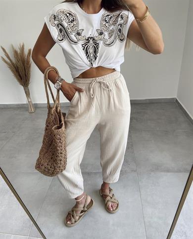 Taş Paça Pilili Keten Pantolon