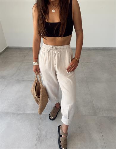 Taş Paça Pilili Keten Pantolon