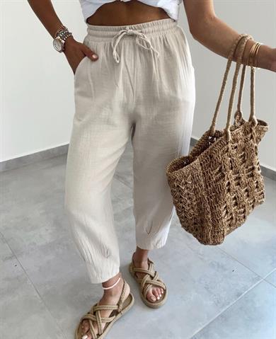 Taş Paça Pilili Keten Pantolon