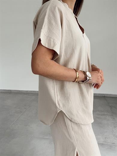 Taş Pamuk Keten Hakim Yaka Bluz