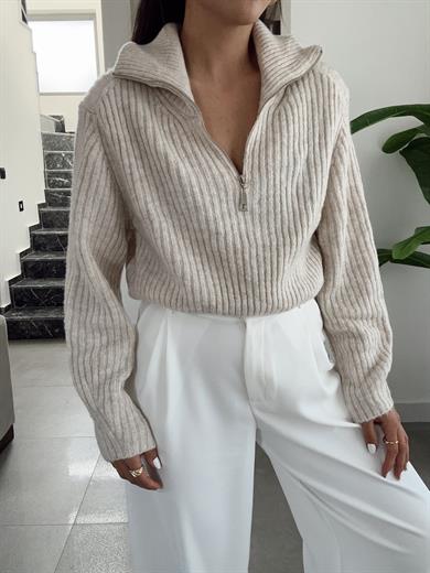 Taş Polo Yaka Fermuarlı Triko Kazak