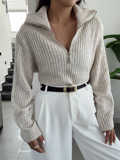 Taş Polo Yaka Fermuarlı Triko Kazak