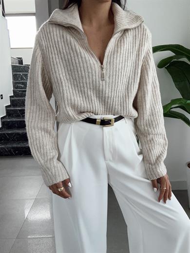 Taş Polo Yaka Fermuarlı Triko Kazak