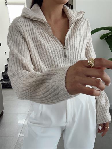 Taş Polo Yaka Fermuarlı Triko Kazak