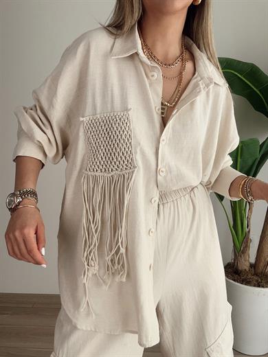 Taş Püskül Cep Detaylı Oversize Gömlek