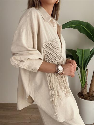 Taş Püskül Cep Detaylı Oversize Gömlek