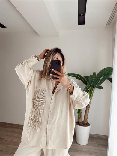 Taş Püskül Cep Detaylı Oversize Gömlek