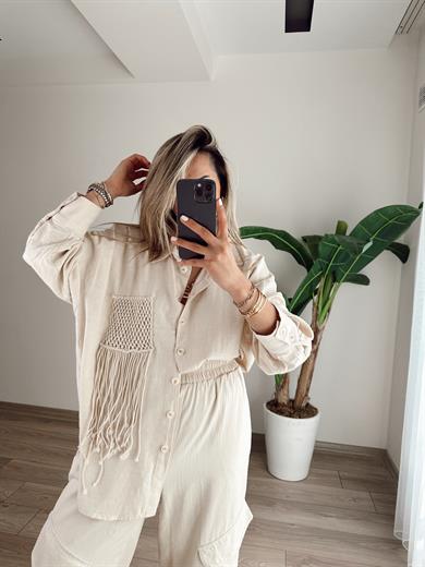 Taş Püskül Cep Detaylı Oversize Gömlek