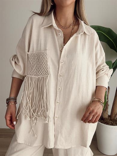 Taş Püskül Cep Detaylı Oversize Gömlek