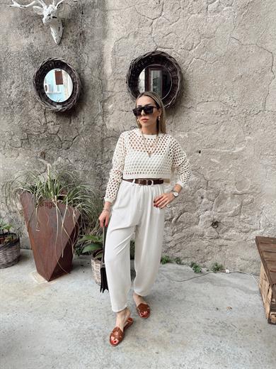 Taş Rengi Keten Şalvar Pantolon