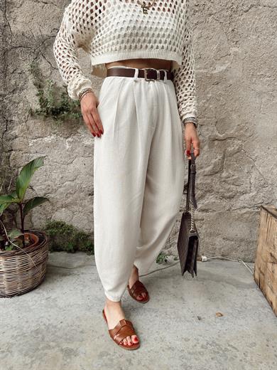 Taş Rengi Keten Şalvar Pantolon