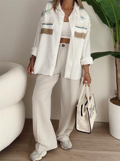 Taş Renk Viskon Keten Palazzo