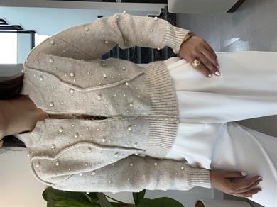 Taş Suni İncili Triko Bomber Ceket