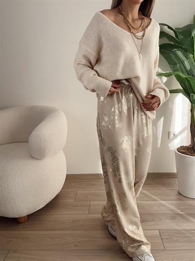 Taş Varak Baskılı Bel Bağlamalı Pantolon