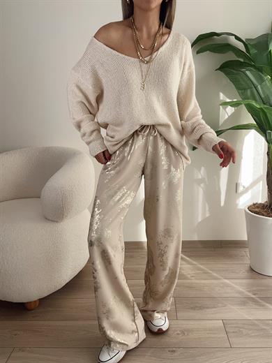 Taş Varak Baskılı Bel Bağlamalı Pantolon