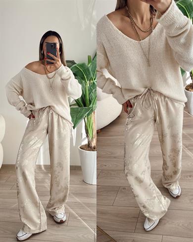 Taş Varak Baskılı Bel Bağlamalı Pantolon