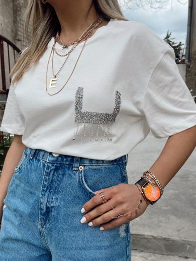 Taşlı Cep Detaylı Ekru Tişört