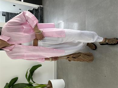 Toz Pembe Flamlı Keten Çift Cep Oversize Gömlek