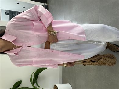 Toz Pembe Flamlı Keten Çift Cep Oversize Gömlek