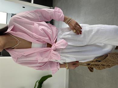 Toz Pembe Flamlı Keten Çift Cep Oversize Gömlek