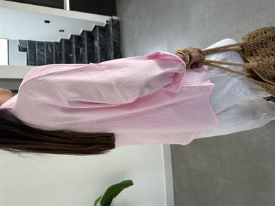 Toz Pembe Flamlı Keten Çift Cep Oversize Gömlek