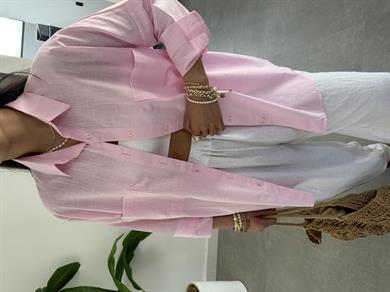 Toz Pembe Flamlı Keten Çift Cep Oversize Gömlek