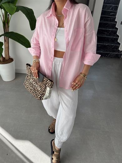 Toz Pembe Flamlı Keten Tek Cep Oversize Gömlek
