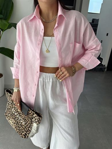 Toz Pembe Flamlı Keten Tek Cep Oversize Gömlek