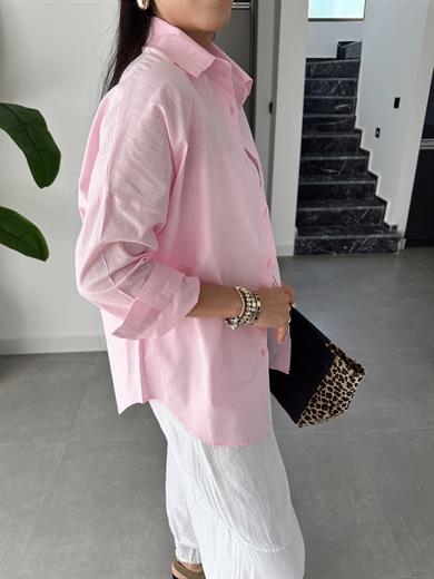 Toz Pembe Flamlı Keten Tek Cep Oversize Gömlek