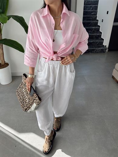 Toz Pembe Flamlı Keten Tek Cep Oversize Gömlek