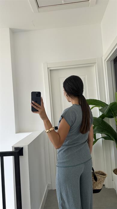 Turkuaz Bağlama Detaylı Bluz Pantolon Takım