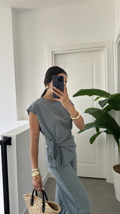 Turkuaz Bağlama Detaylı Bluz Pantolon Takım