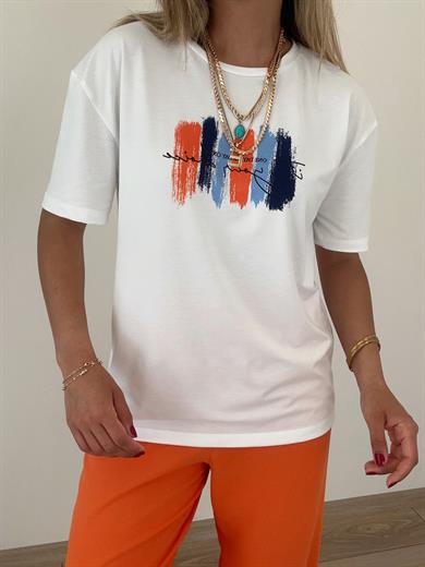 Turuncu Desenli Ekru Tişört