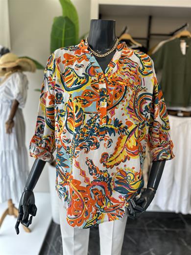 Turuncu Desenli Hakim Yaka Pamuklu Vual Gömlek