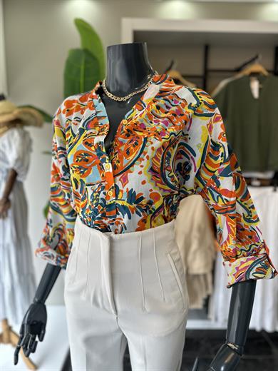 Turuncu Desenli Hakim Yaka Pamuklu Vual Gömlek