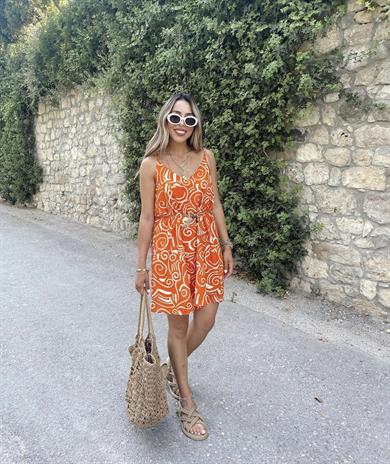 Turuncu Desenli Keten Elbise