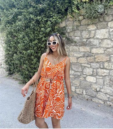 Turuncu Desenli Keten Elbise