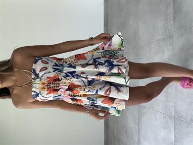 Turuncu Desenli Straplez Mini Elbise