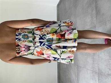 Turuncu Desenli Straplez Mini Elbise