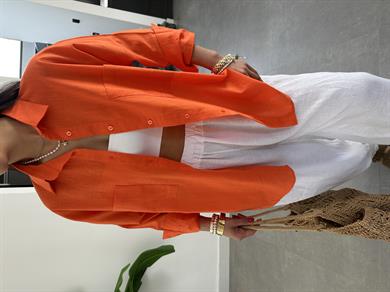 Turuncu Flamlı Keten Çift Cep Oversize Gömlek