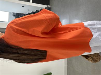 Turuncu Flamlı Keten Çift Cep Oversize Gömlek