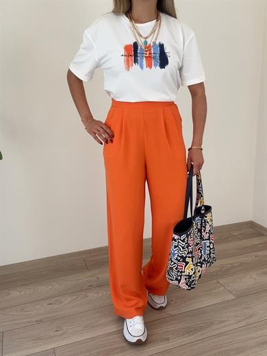 Turuncu Yandan Fermuarlı Pileli Palazzo