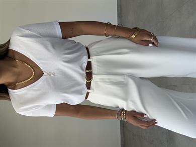 V Yaka Basic Ekru Tişört