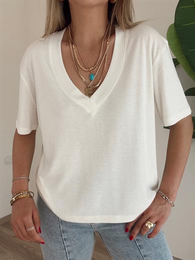 V Yaka Ekru Tişört