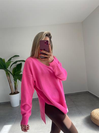 V Yaka Fuşya Triko Kazak