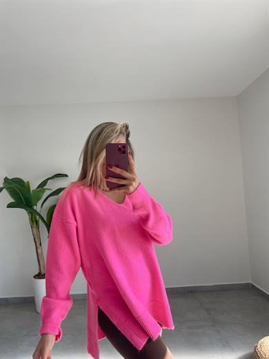 V Yaka Fuşya Triko Kazak