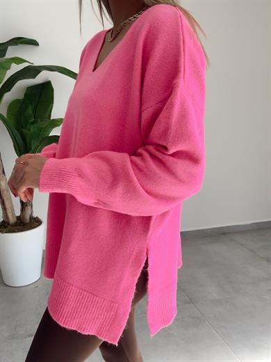 V Yaka Fuşya Triko Kazak