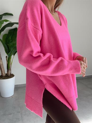 V Yaka Fuşya Triko Kazak