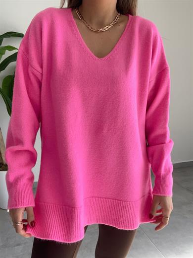 V Yaka Fuşya Triko Kazak