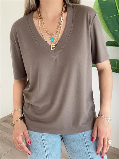 V Yaka Kahve Tişört